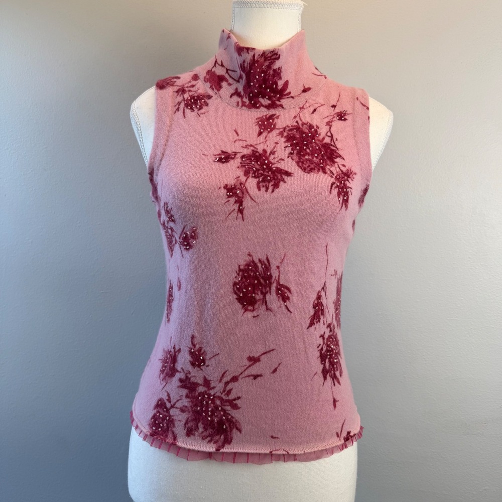 Y2K Romantic Pink Floral Angora Wool Beaded Mock Sleeveless Top Small Coquette